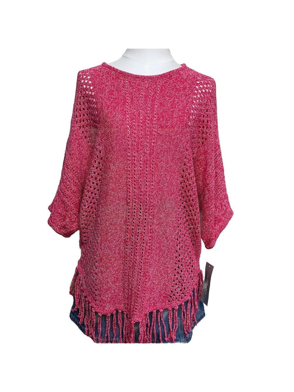 NY Collection Poncho Sweater Womens Medium Pink Pointelle Fringe Cotton XSSU0615